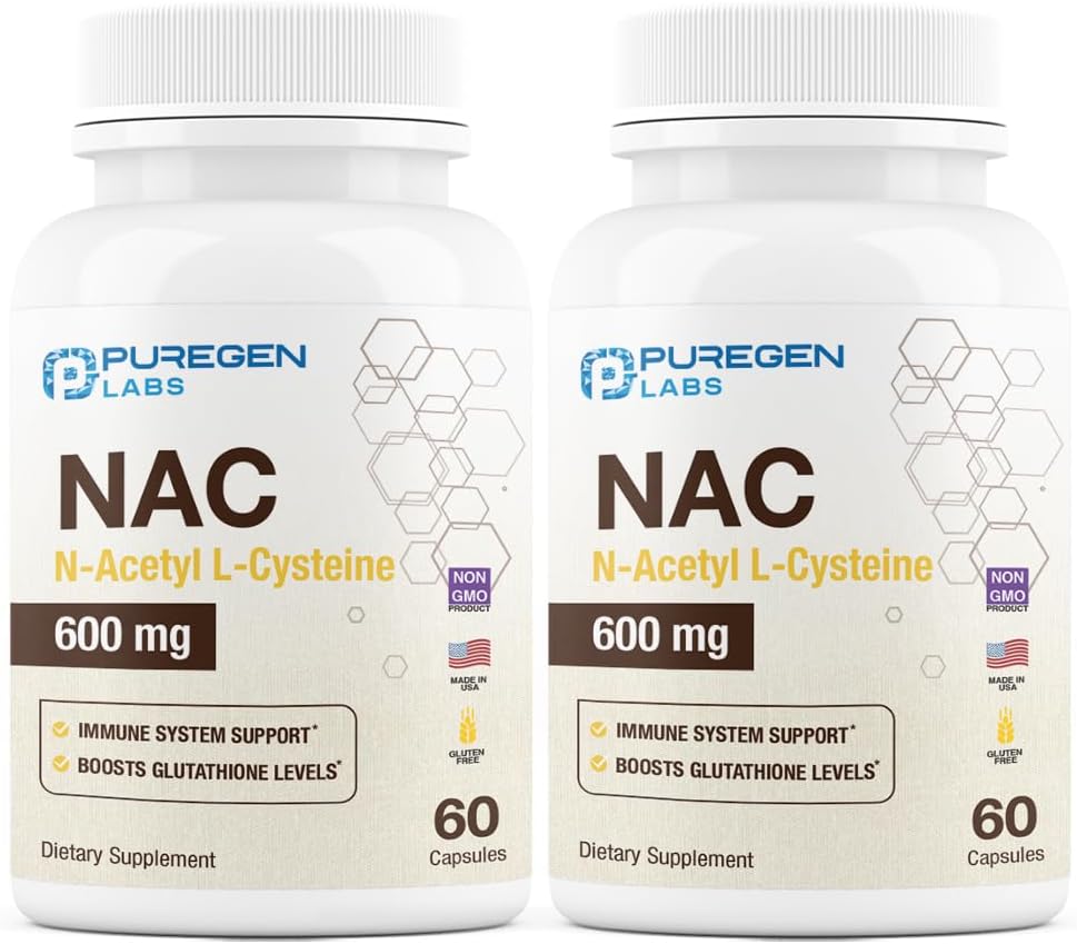 Puregen Labs N-Acetyl-L-Cysteine (NAC) 600mg, Υποστηρίζει το ανοσοποιητικό, αναπνευστικό, ηπατική υγεία, NAC 600 mg, ισχυρή αντιοξειδωτική υποστήριξη, Free-radicals, Easy to Absorb - Σύνολο κάψουλες 120 Veggie