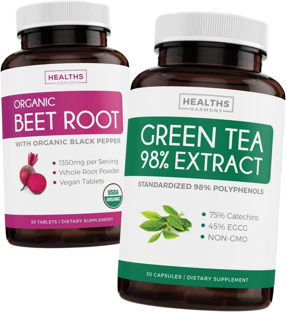 Beet Root & Green Tea Extract (2-Week Supply) Beet & Tea Power Mix - Βιολογική Beet Root με Μαύρο Πιπέρι για Απορρόφηση 1250mg (30 δισκία) & Πράσινο Τσάι Extract 98% με EGCG 1000mg ανά σερβίς (30 caps)