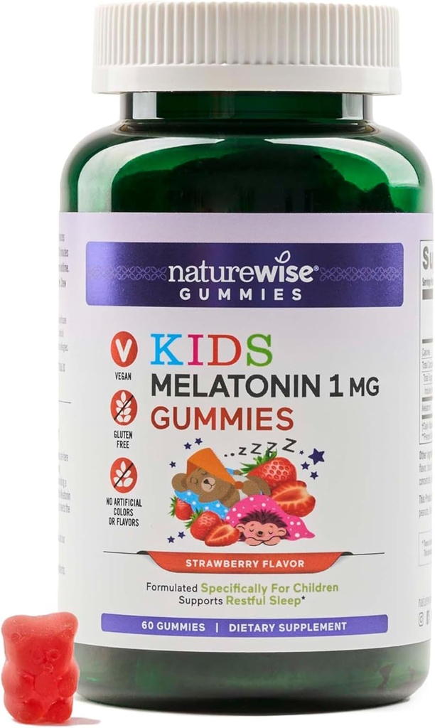 Naturewise Kids Melatonin Gummies 1 mg - İlaç ücretsiz, Çocuk Yaşları 4 & Up - Strawberry Flavored Gummy Bears - Vegan, Gluten Free, Non-GMO - 60 Count2-Month Supply]
