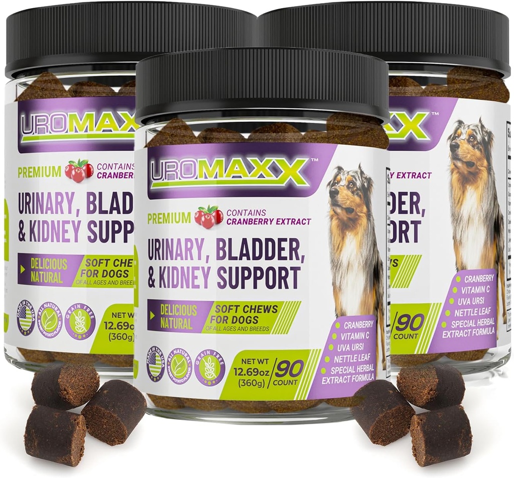 Dog Urinary Tract Enfeksiyon Tedavisi, Bladder & Kidney Köpeklere Destek, Güçlü Pet Care, Natural Soft Chews with Cranberry & Glucosamine, Made in the USA, Chicken Flavor, 90 Count, 3 Pack