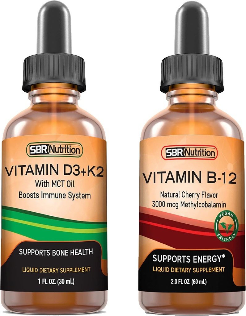 SBR Beslenme D3+K2 ve B12 Grafik Vitamin D3K2 (MK7) Sıvı Merdivenler, Peppermint 1oz | Vitamin B-12 3000 Broşürler, 2oz | Yetişkinler ve Çocuklar için | Gluten Ücretsiz