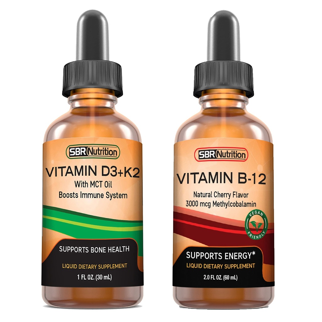 SBR Beslenme D3+K2 ve B12 Grafik Vitamin D3K2 (MK7) Sıvı Merdivenler, Peppermint 1oz | Vitamin B-12 3000 Broşürler, 2oz | Yetişkinler ve Çocuklar için | Gluten Ücretsiz