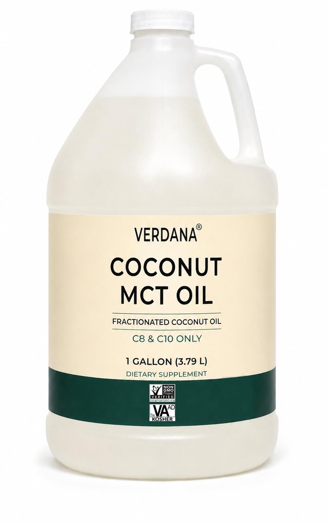 Verdana Coconut MCT Oil 1 Gallon - Zhong Coffee, Unflavored Natural Oil Pulling Mouthwash, Masaj, Aromaterapi -% 100 in Coconut - Orta Zincir Triglycerides – Non-GMO, Kosher