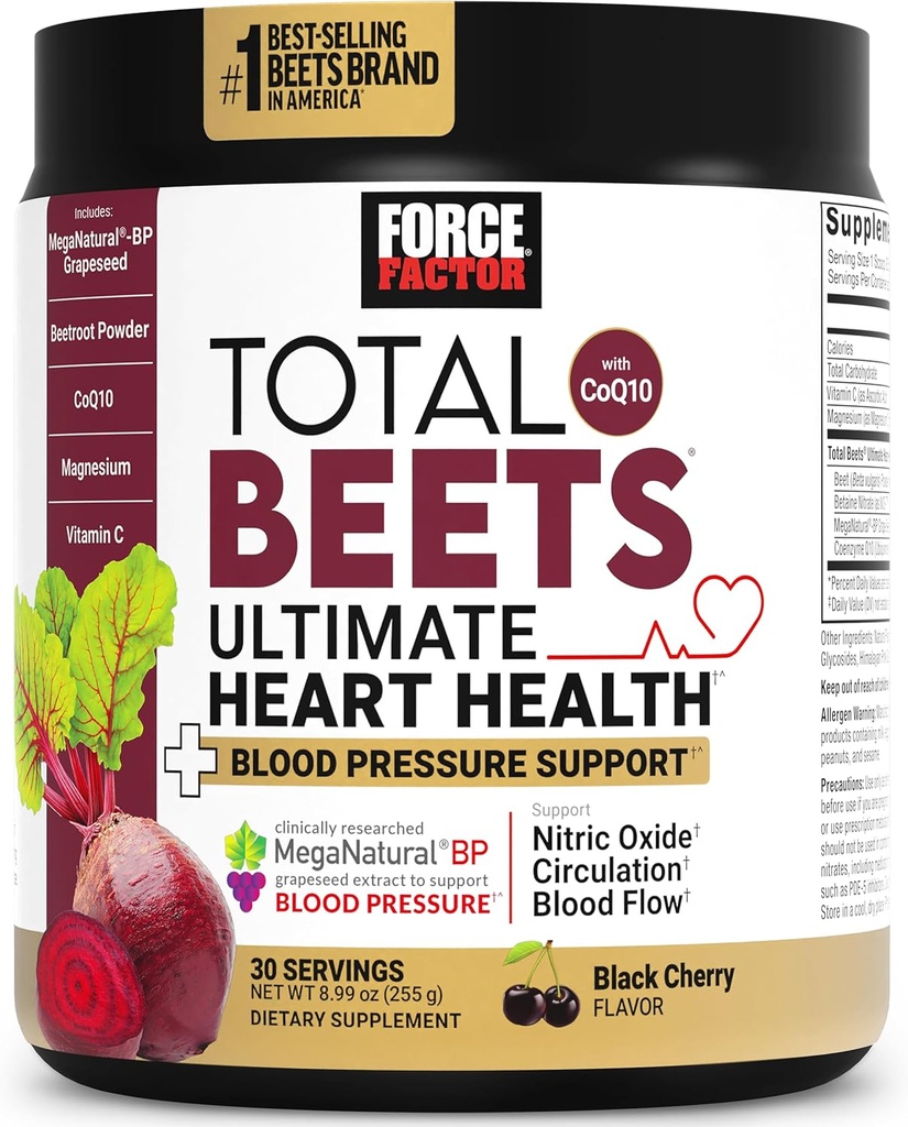 Kuvvet Faktörü Total Beets Ultimate Heart Health Blood Printing Support with CoQ10, Beet Root Toz, Grape Tohum Ekstraksiyon, Kan Baskı Supplement for Circulation, Black Cherry, 30 Hizmet