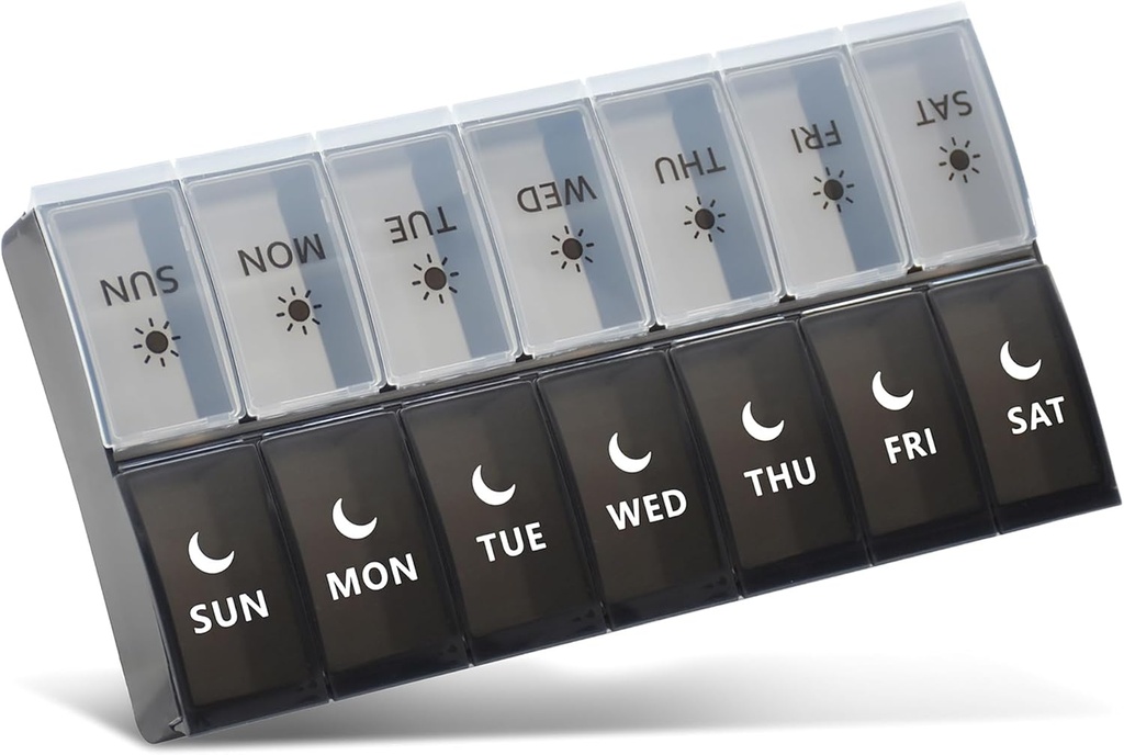 Büyük Pill Organizer 2 Times bir gün, Haftalık Pill Case, AM PM Pill Box, Day Night Pill Container 7 Day, Vitamin Case Medicine günde iki kez (Black & White)