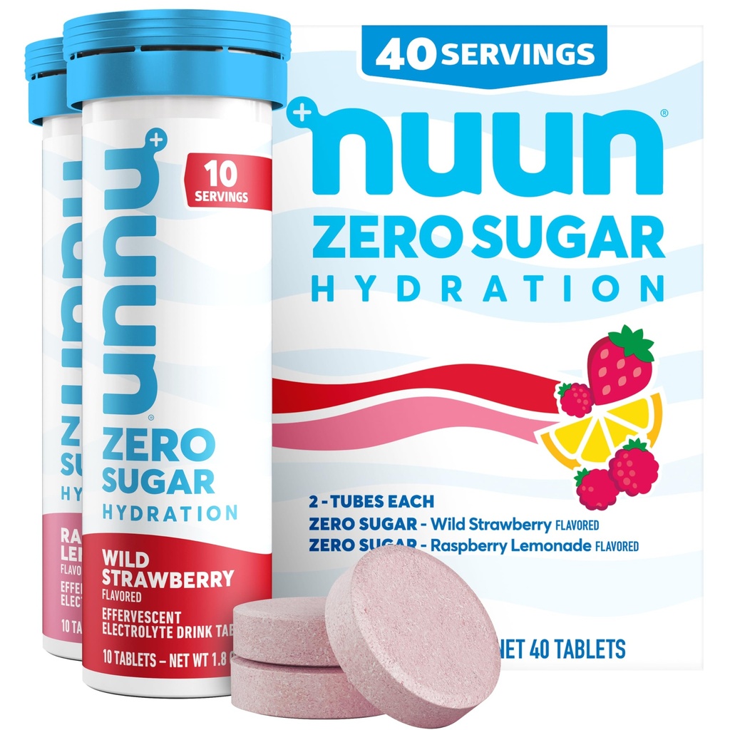 Nuun Zero Sugar Hydration Electrolyte Tablets - Magnesium, Calcium, Potassium, Chloride & Sodium, Light & Delicious Fruit Flavors, No Sugar, Gluten Free, Vegan, Mixed Berry 4 Pack (40 Servings Total)