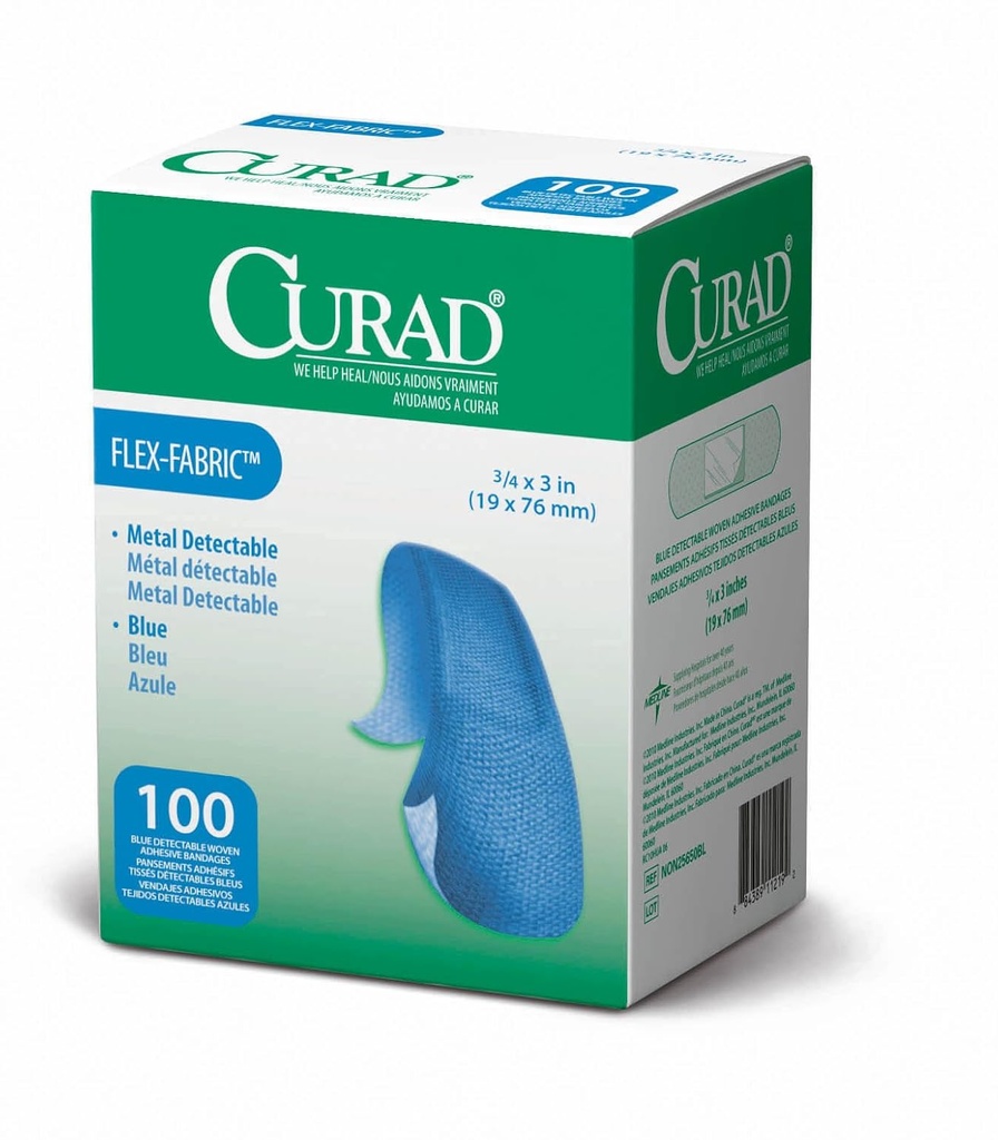 CURAD Food Service Metal Detectable Blue Fabric Adhesive Bandages 3/4" x 3", Pack of 100