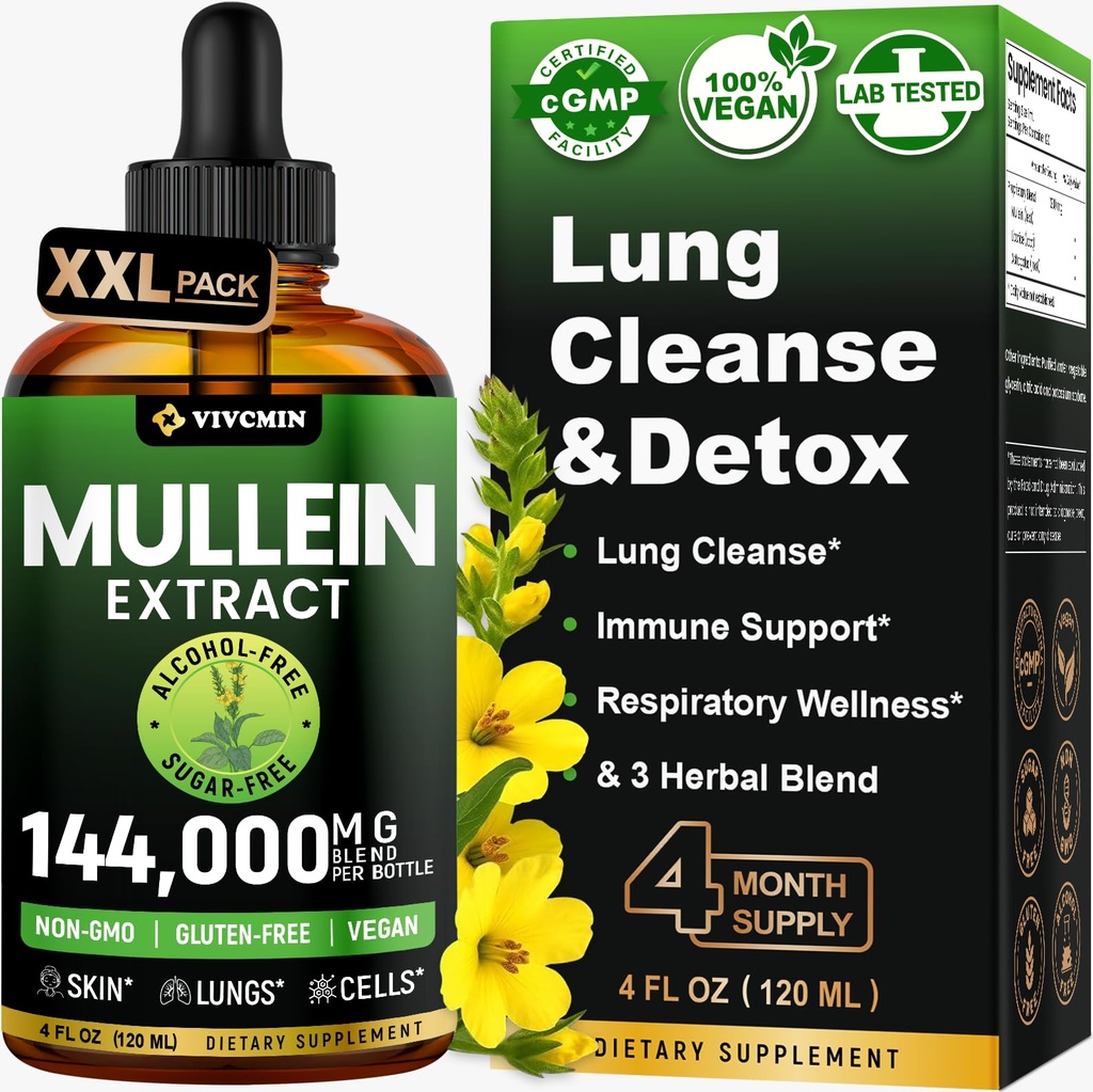 vivcmin Mullein Drops for Lungs with Licorice & Astragalus, Lung Detox for Smokers Tincture, Respiratory & Immune Support, Mullein Leaf Extract for Lung Cleanse, 4 fl oz