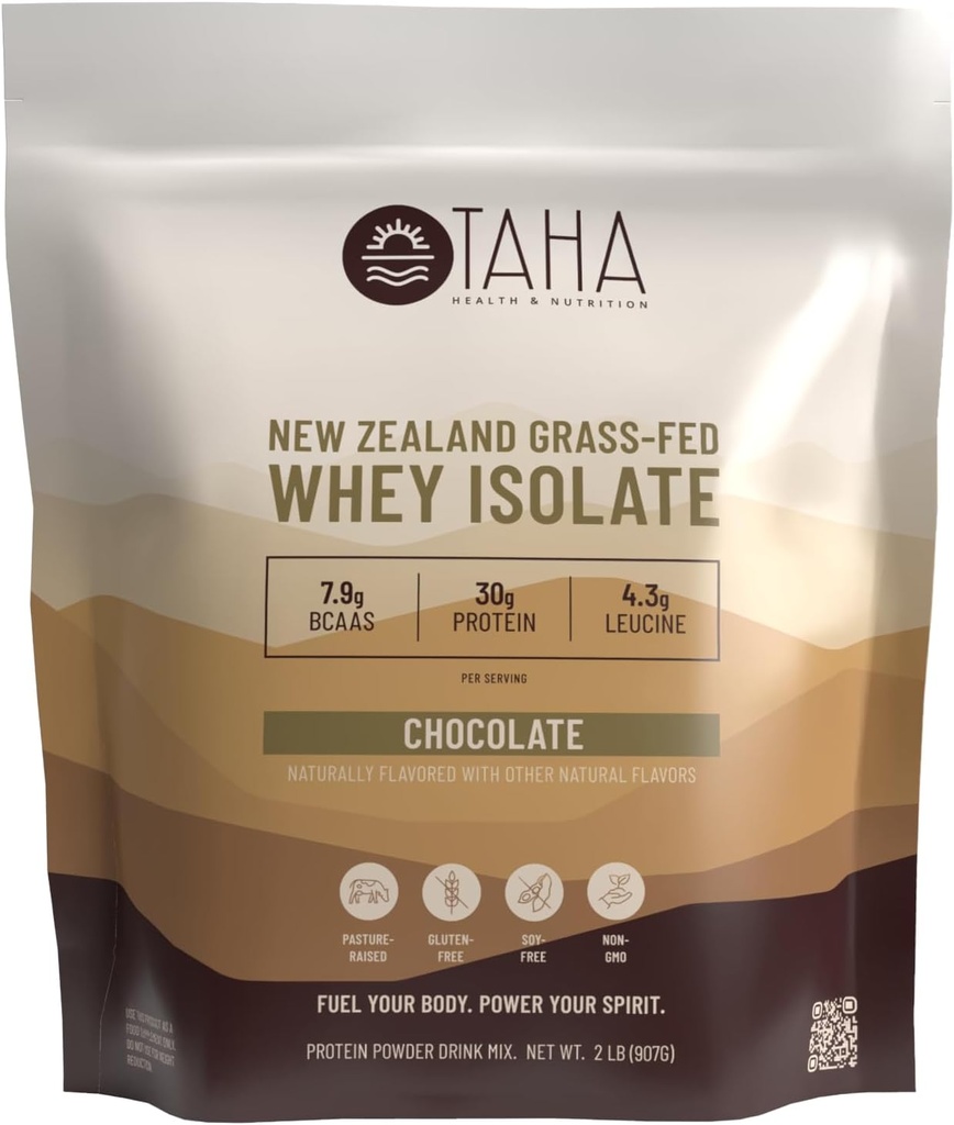 Taha Health & Nutrition Chocolate Whey Protein Isolate Powder, 30g Protein, 7.9g BCAAs, 4.3g Leucine 