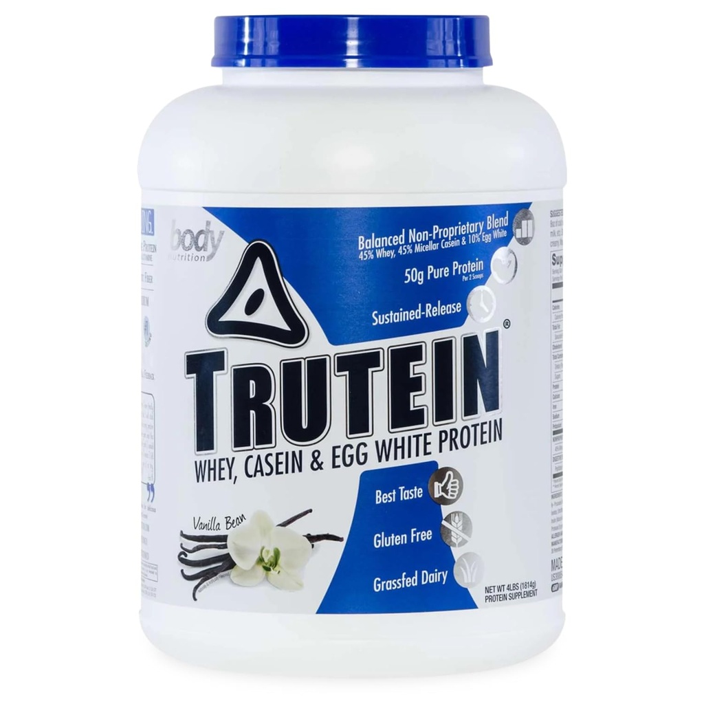 Vücut Beslenme Trutein Yüksek Protein Tozu:% 45 Whey,% 45 Casein,% 10 Egg White protein Shake Mix, Gluten-Free, Low sodyum, Low Carb Protein Supplement Toz for Men & Women, Vanilla Bean, 4lb