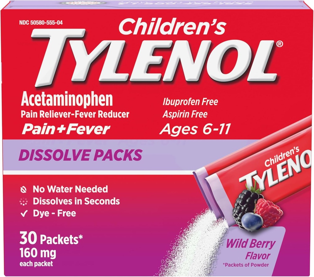 Çocuk Tylenol Dissolve Packs for Pain Relief, Fire Drug, 160 mg Acetaminophen, Dye Free, Kids' Toz Packets for Cold & Flupiptom Relief; Wild Berry Flavor, 30 ct.