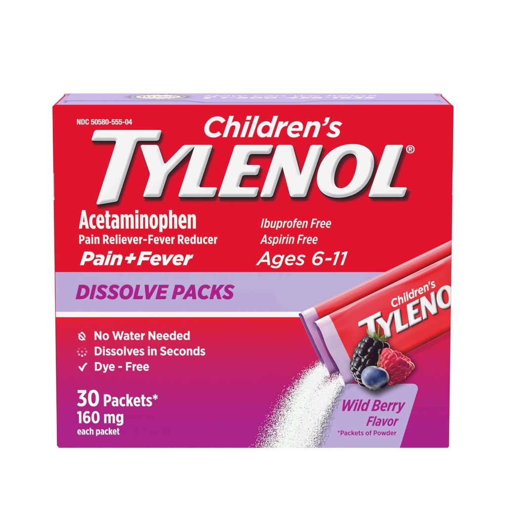 Çocuk Tylenol Dissolve Packs for Pain Relief, Fire Drug, 160 mg Acetaminophen, Dye Free, Kids' Toz Packets for Cold & Flupiptom Relief; Wild Berry Flavor, 30 ct.