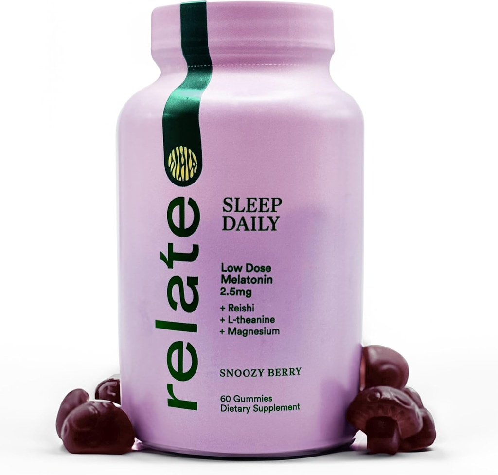 Relate Sleep Daily Gummies - Mushroom-Infused Sleep Support with Low-Dose Melatonin, Magnezyum, L-Theanine, Lion's Mane, Reishi, Cordyceps ve Türkiye Tail Mushrooms - Vegan, ABD'de Yapılan - 60