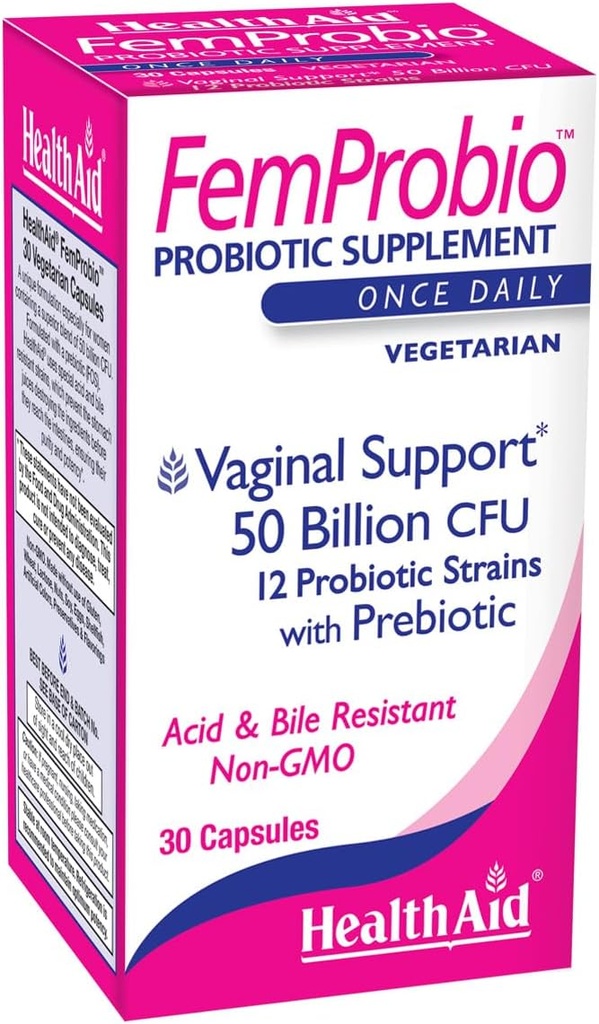 SağlıkAid FemProbio – Prebiyotik Fiber ile Zamanlı Probiyotik | 50 Milyar CFU | 30 Vejetaryen Capsules | Asit & Bile Dayanıklı, Lactose, Gluten & GMO-Free Probiyotik