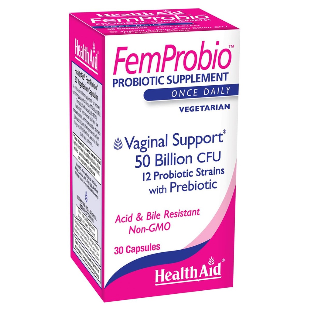 SağlıkAid FemProbio – Prebiyotik Fiber ile Zamanlı Probiyotik | 50 Milyar CFU | 30 Vejetaryen Capsules | Asit & Bile Dayanıklı, Lactose, Gluten & GMO-Free Probiyotik