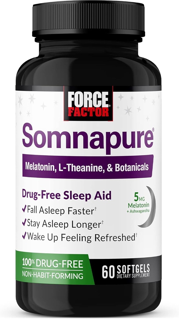 FORCE FACTOR Somnapure Softgels Sleep Aid to Fall Asleep Γρηγορότερα, Stay Asleep Longer, Wake Up Refreshed, Sleep Aid for Adults with Melatonin, Ashwagandha, Valerian Root, and Lemon Balm, 60 Softgels