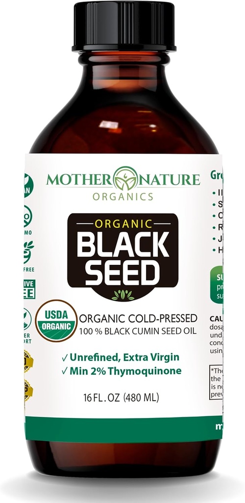 Mother Nature USDA Organic Black Seed Oil – Cold Pressed, Unrefined & Vegan Nigella Sativa, High Thymoquinone (2% +), Omega 3 6 9 Immune, Ortak & Heart Support, Saç & Skin, Non-GMO, 16oz