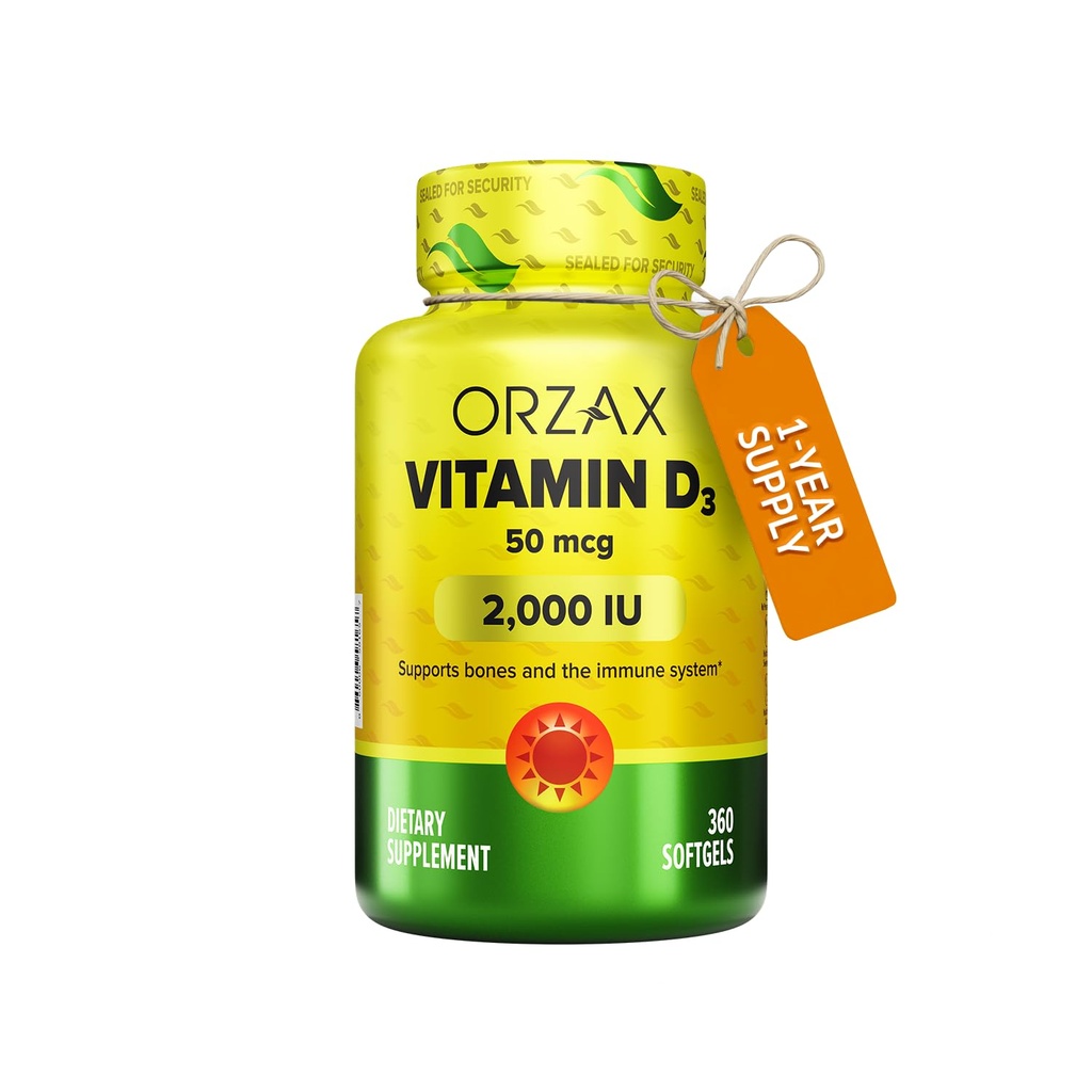 ORZAX Vitamin D3 2000 iu (50 mcg) – Non-GMO, Gluten Free, Sugar Free, Dairy Free – 1 Yıl Güçlü Kas Fonksiyonu ve Immune Support – Mood Supplement for Wellness (360 Softgel)