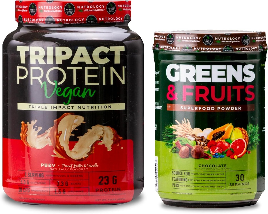 Nutrology Greens & Fruits Powder-Naturally Sourced Superfood, Chocolate (30 Servings) TRIPACT Vegan Protein Powder, for Vegan Protein Shakes, Peanut Butter Vanilla (20 Servings)