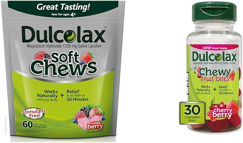 Dulcolax Soft Chews Saline Laxative Karma Berry (60ct) Centiation Relief & Chewy Meyve Bites, Saline Laxative, Cherry Berry (30ct) Cramp-Free Constipation Relief