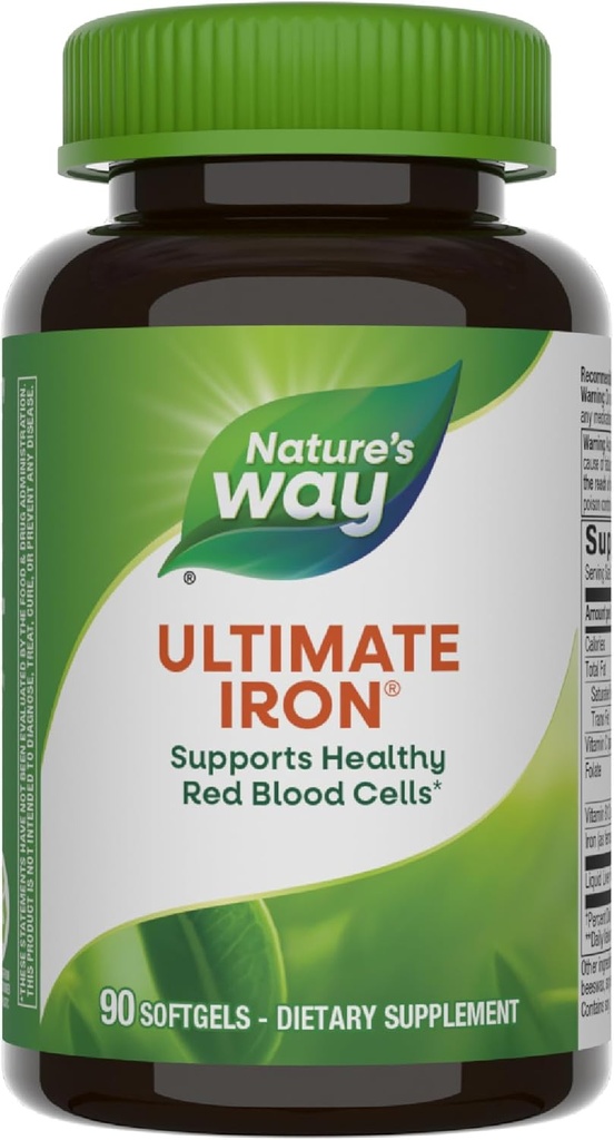 Nature's Way Ultimate Iron, Sağlıklı Kızıl Kan Hücrelerini Destekliyor, * Destek Hücreleri Enerji Üretimi*, 2Softgel'e 50 mg, Gluten-Free, 90 Softgels (Pazarlama May Vary)