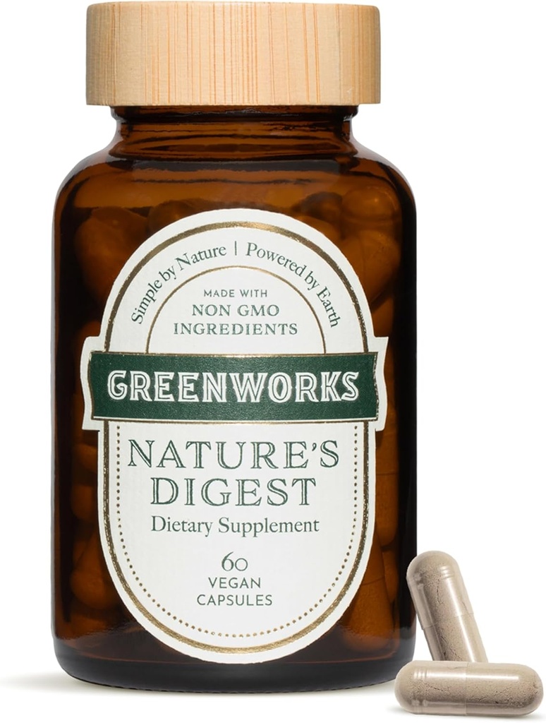Greenworks Nature's Digest Probiotics with Organic Digestive Enzymes, Prebiotics & Fiber - 10 Billion CFU, 3 Strains - Gut Health Supplement, 60 Capsules