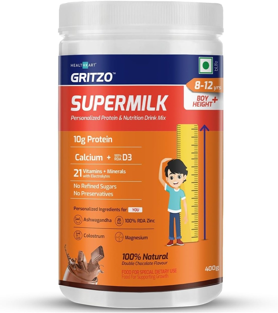 ATS Supermilk Height+ for 8-12Y Boys, Personalized Health Drink for Kids,High Protein (10G) with Calcium + D3,21 Vitamins&Minerals,Zero Refined Sugar,100% Φυσική Διπλή Σοκολάτα,400G,Πόουντερ