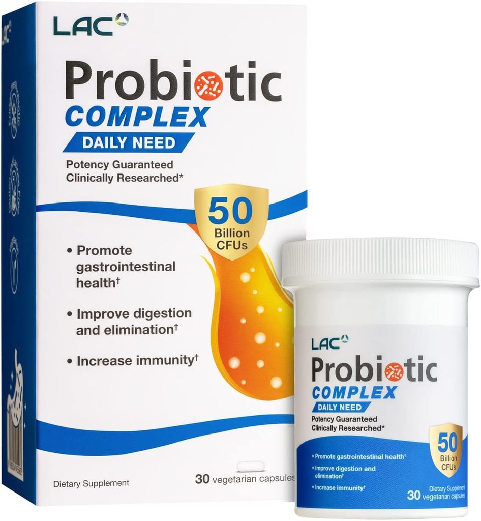 LAC Probiyotik Kompleksi 50 Milyar CFUs | Digestive Supplement | Aktif probiyotikler bağırsak bakteri dengesini geri yüklemeye yardımcı olur, IBS Support (30 Vegetarian Capsules)