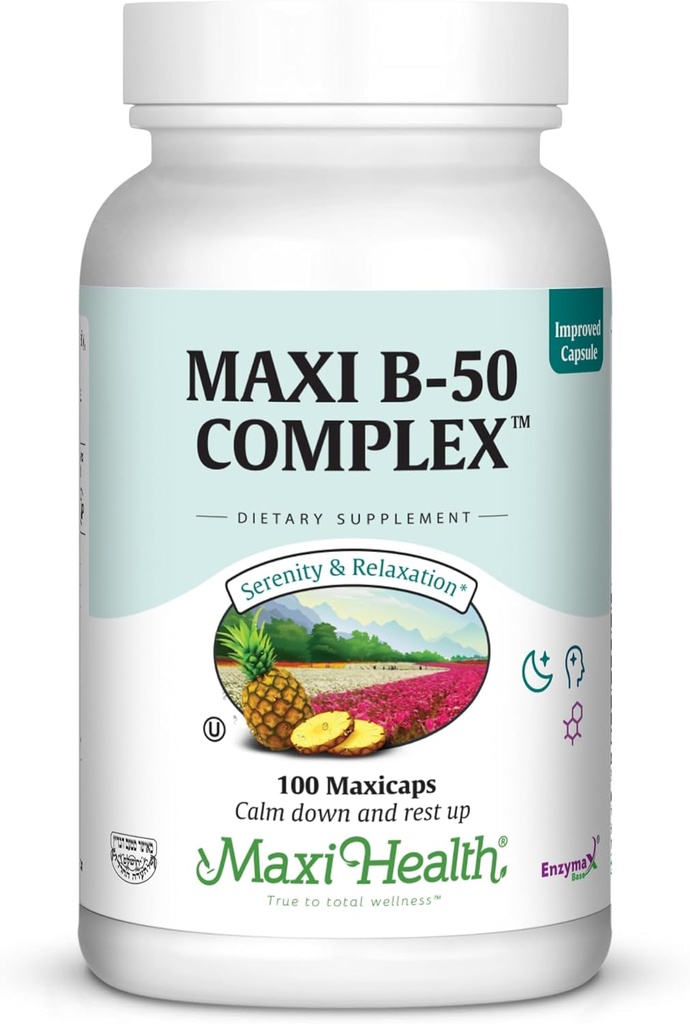 Maxi Health Vitamin B Complex – Υψηλής ισχύος B Complex Βιταμίνες B-50 με B1, B2, B3, B6, B12, Biotin & Folate – Υποστήριξη Κυτταρική Ενέργεια & Νοητική Καθαρότητα – Kosher – 100 Κάψουλες