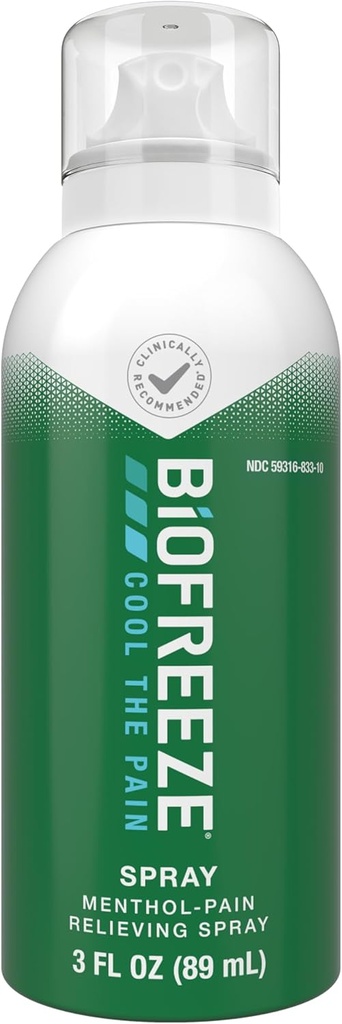 Biofreeze Menthol Spray 3 FL OZ Άχρωμο σπρέι αεροζόλ για την ανακούφιση του πόνου που σχετίζονται με πονεμένους μύες, αρθρίτιδα, απλούς πόνους στην πλάτη, και πόνο των αρθρώσεων