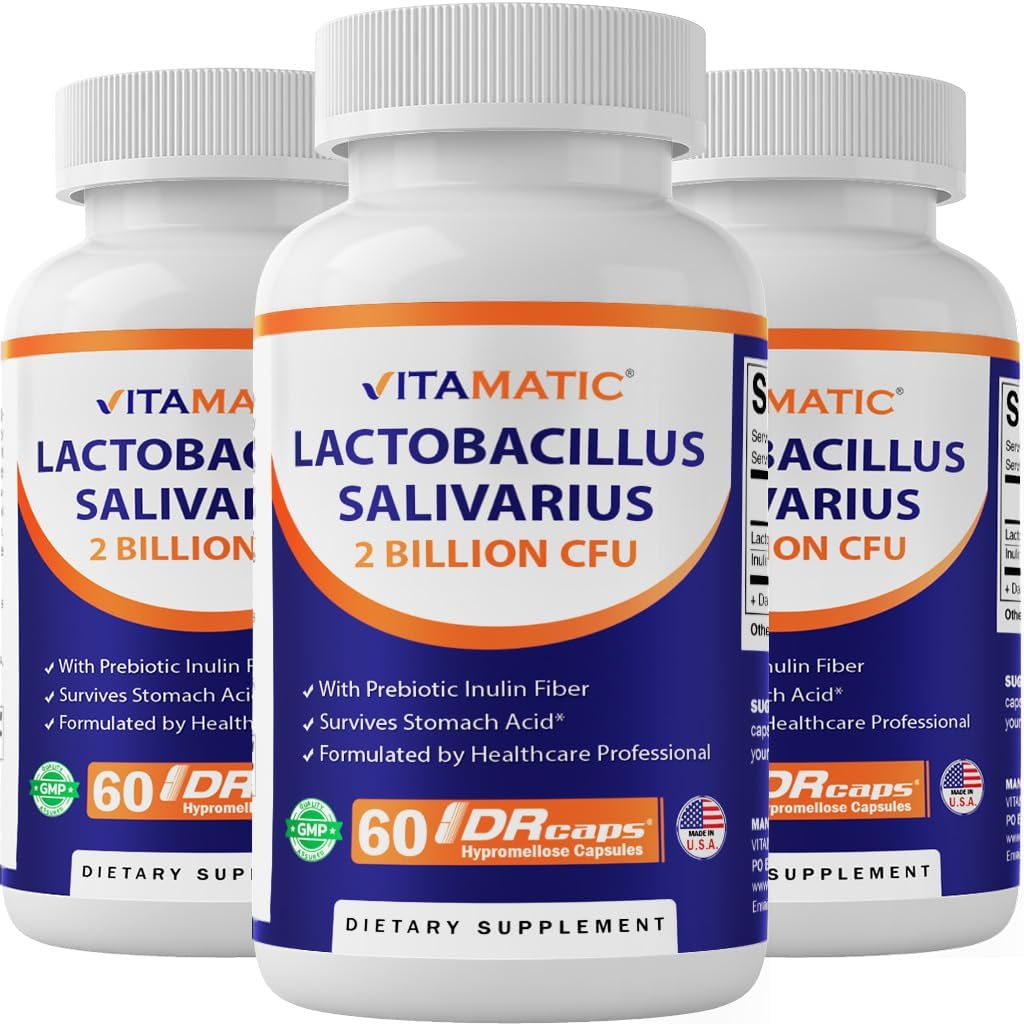 Vitamatic Lactobacillus Salivarius 2 Milyar DR Capsule - 60 Kont - Digestive Support - Prebiyotik Inulin Fiber (3 Şişe) ile Yapıldı.