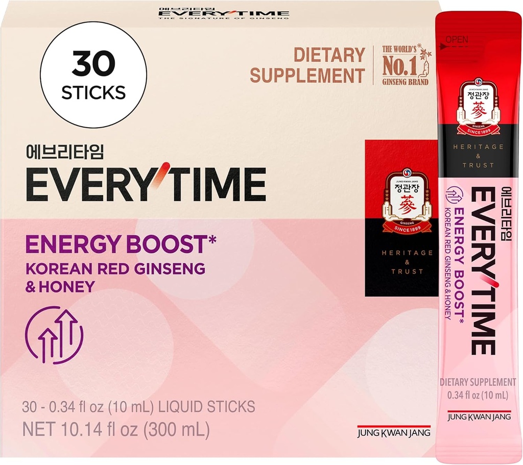 JUNG KWAN JANG Everytime Energy Boost Korean Red Ginseng Extract Stick 1.000mg & Honey - Vegan Ginseng Energy Drink Liquid Stick Συμπληρώματα - Κατασκευές Stamina & Immunity No Caffeine (30 Sticks)