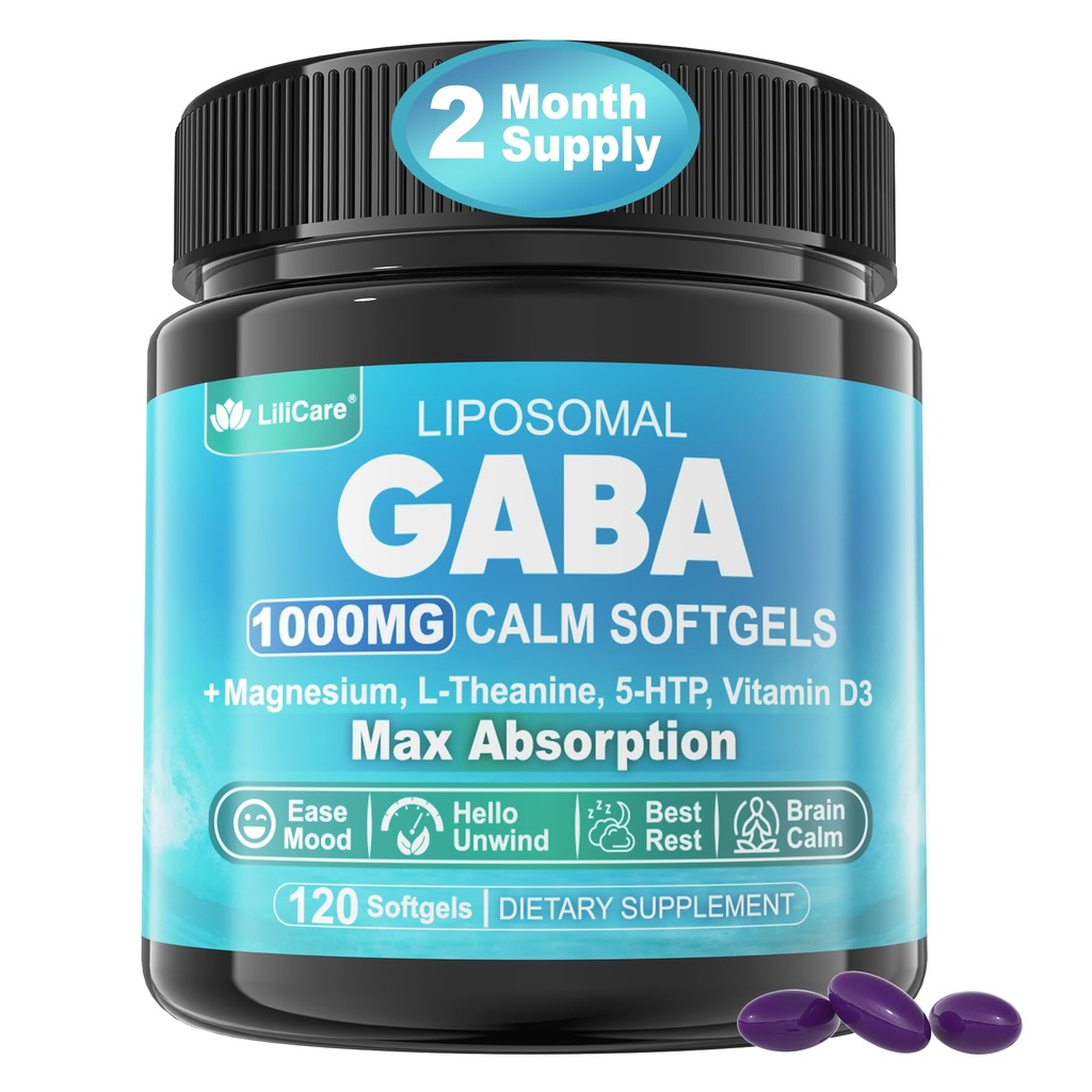 GABA Supplement - Optimal Abhidrasyon için 1000 mg Liposomal Form,GABA L-Theanine, Magnezyum Glycinate, 5HTP, Brain Calm için D3, Mood, Zzz Better - Melatonin-Free 120 Softgels.