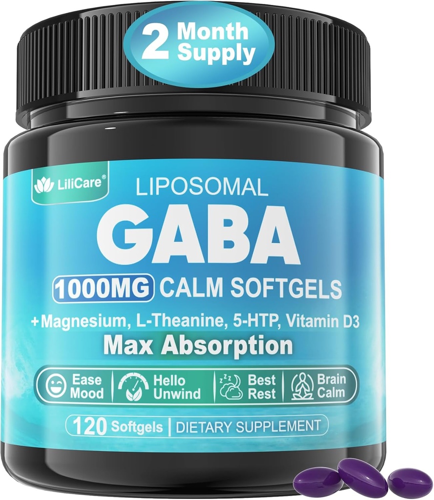 GABA Supplement - Optimal Abhidrasyon için 1000 mg Liposomal Form,GABA L-Theanine, Magnezyum Glycinate, 5HTP, Brain Calm için D3, Mood, Zzz Better - Melatonin-Free 120 Softgels.