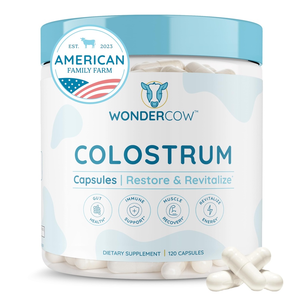 WONDERCOW Colostrum Capsules Supplement for Gut Health, Immune Support, Muscle Recovery & Wellness | Natural IgG Pure Whole Bovine Colostrum Superfood, Unflavored, 30 Servings