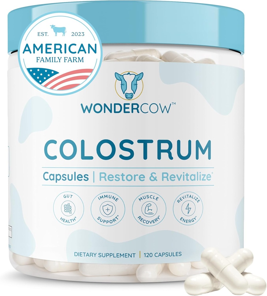 WONDERCOW Colostrum Capsules Supplement for Gut Health, Immune Support, Muscle Recovery & Wellness | Natural IgG Pure Whole Bovine Colostrum Superfood, Unflavored, 30 Servisler