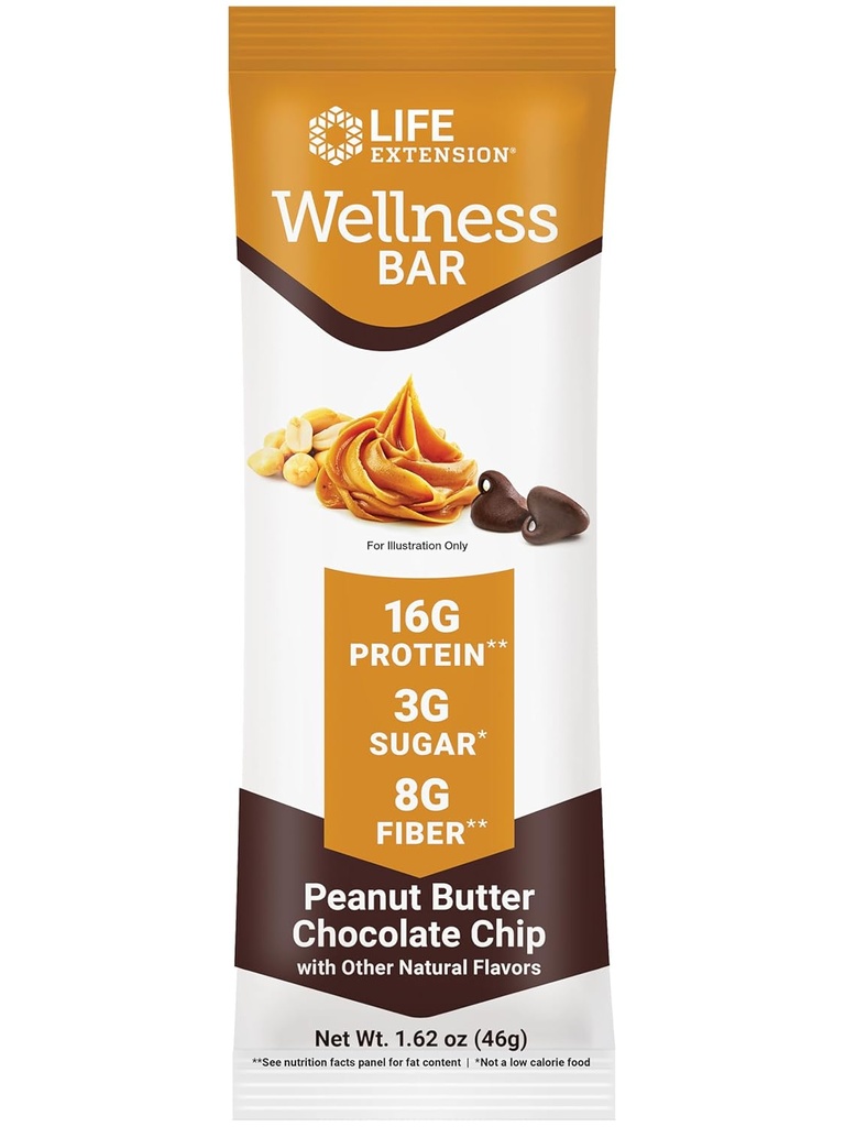 Life Extension Wellness Bar (Peanut Butter Chocolate Chip) – 16 g πρωτεΐνης, 8 g fiber, 3 g ζάχαρης – Chocolate Chips κακάο, Whey Protein Isolate Blend – Snack Bars, χωρίς γλουτένη – Ατομικά