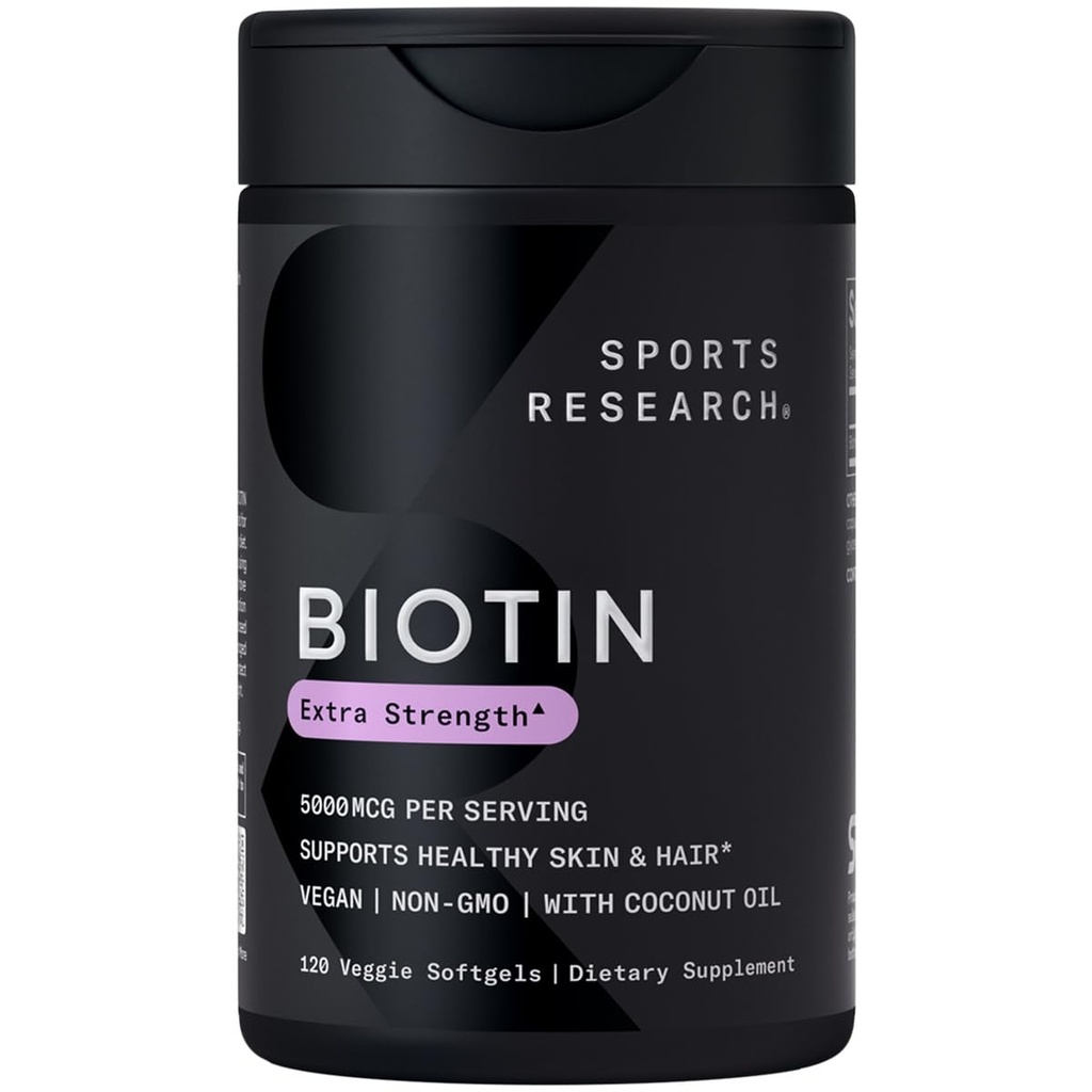 Sports Research® Biotin 5.00006 with Organic Coconut Oil - Biotin (Vitamin B7) for Health Skin and Hair Support* - for Women and Men - Vegan, Non-GMO, Gluten & Soy-Free - 120 Veggie Softgels