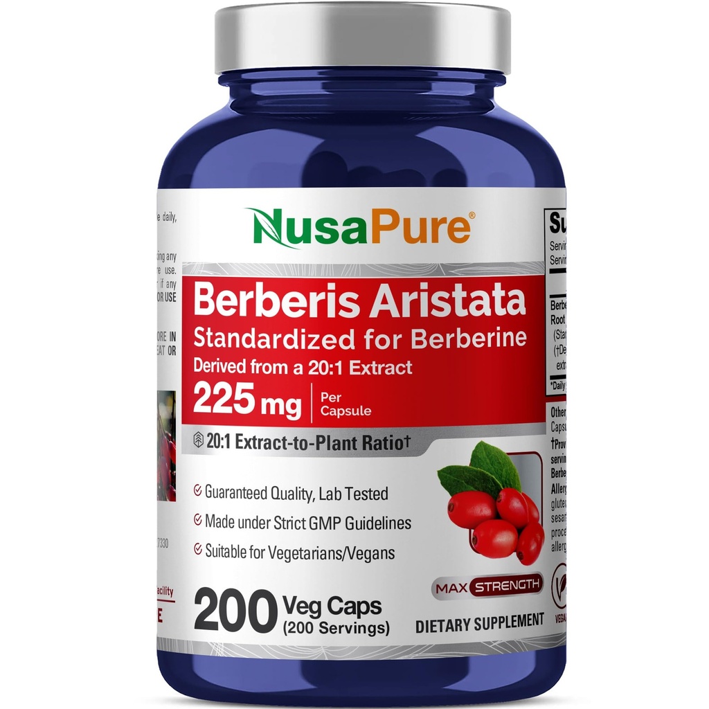 NusaPure Berberine HCI 20:1 Extract, 225 mg Ισοδύναμο με 4.500mg - 200 Veggie Caps - (Χορτοφάγα, μη ΓΤΟ, Vegan)