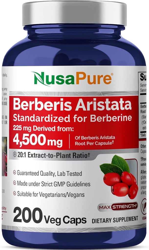 NusaPure Berberine HCI 20:1 Extract, 225 mg Equivalent to 4,500mg - 200 Veggie Caps - (Vegetarian, Non-GMO, Vegan)