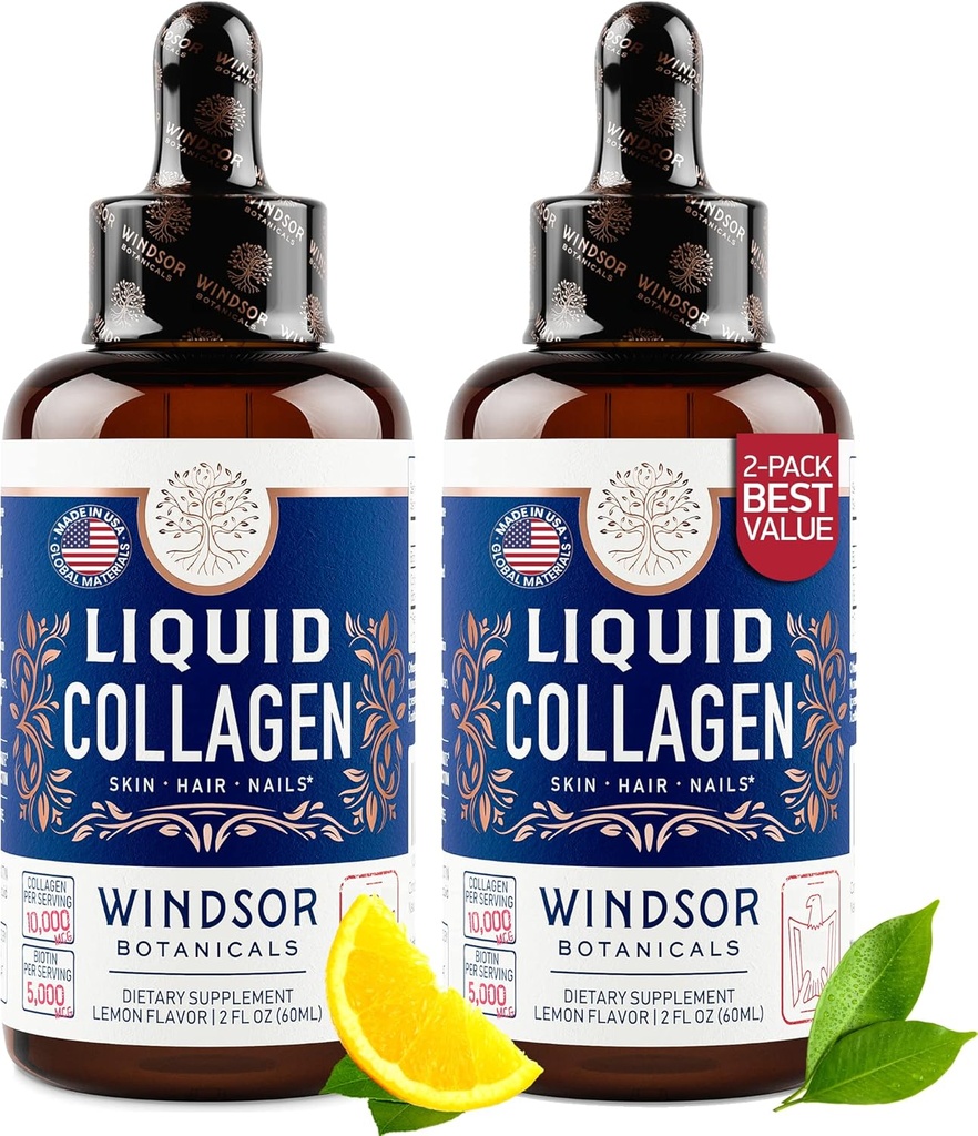 WINDSOR BOTANICALS Υγρό κολλαγόνο για γυναίκες και άνδρες - Μαλλιά, δέρμα, νύχια Βιταμίνες - λεμόνι άρωμα κολλαγόνο πεπτίδια Τριχόπτωση Ποτό - 5.000mcg Βιοτίνη, 10.000mcg - US Made - 2x2oz