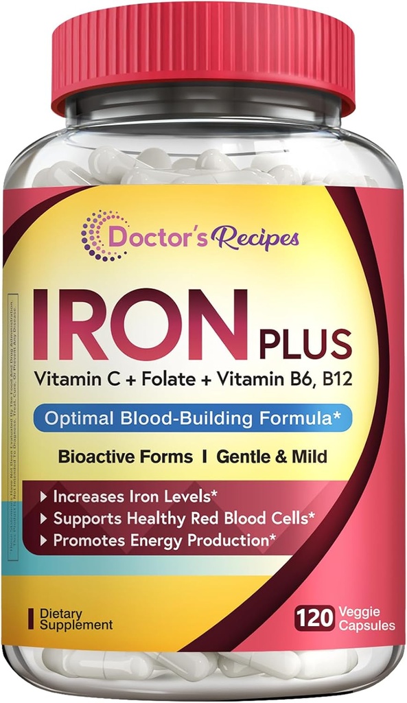 Doktor'un Kadın Erkek için Demir Tartları - Cent Iron Bisglycinate ile C, B6, Folate & B12 - Non-Constipating & Stomach Friendly Iron Pills for Blood & Energy Support, 120 Vegan Caps