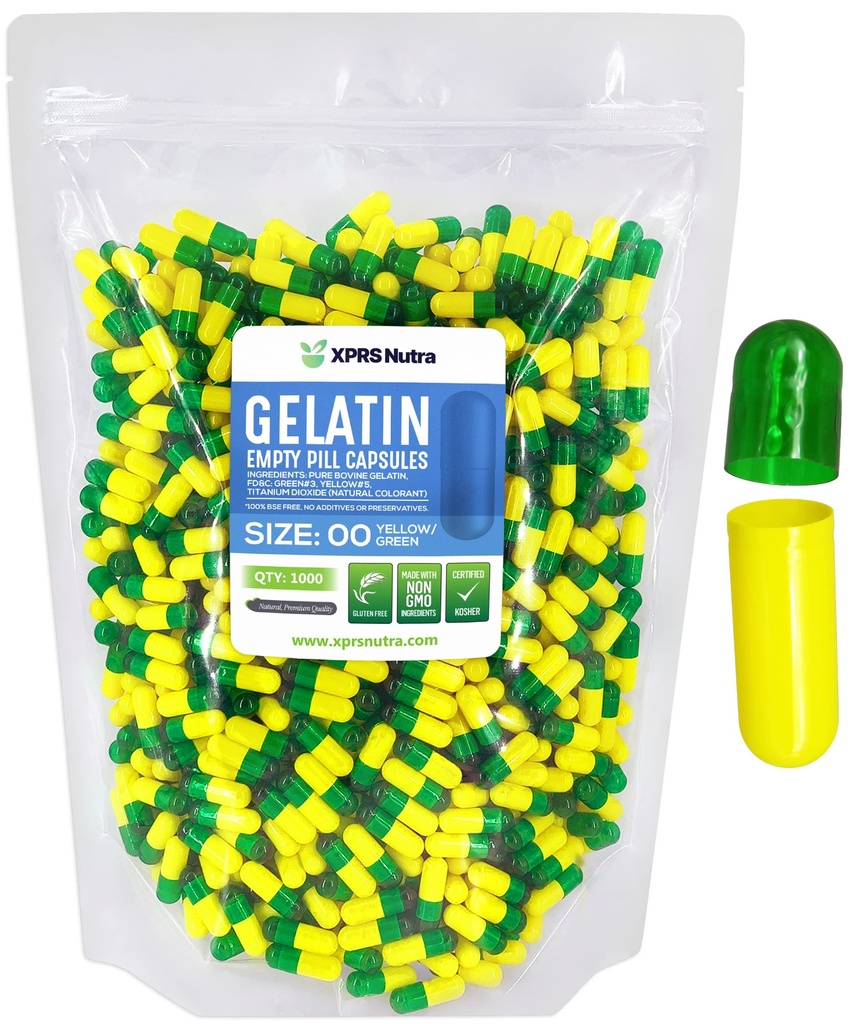 XPRS Nutra Μέγεθος 00 Κενές κάψουλες - 1000 Count Empty Gelatin Κάψουλες - Χάπια DIY Καψάκιο Γέμισμα - Γέμισμα χάπια Gel Caps για το Do-It-Yourself Συμπληρώματα (Πράσινη/Κίτρινη)