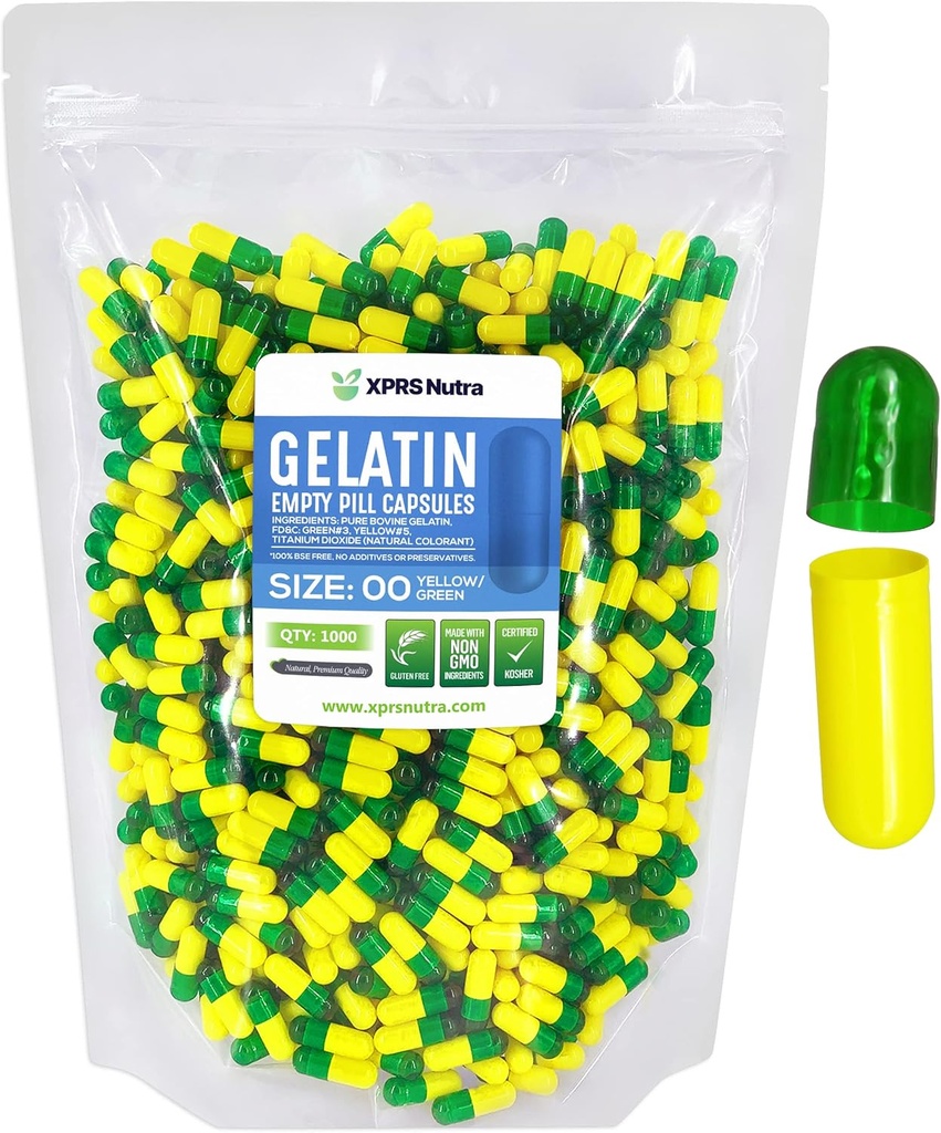 XPRS Nutra Boyutu 00 Boş Kapsüller - 1000 Kont Boş Gelatin Capsules - Pills DIY Capsule - Do-It- Yourself Supplements (Green/Yellow)