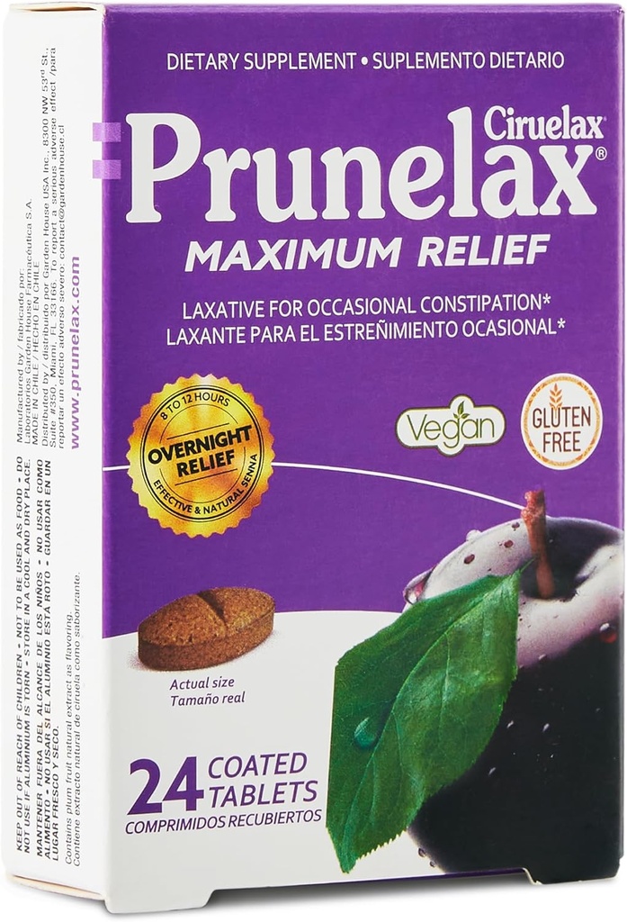 Prunelax Ciruelax Natural Senna for Occasional Constipation, Senna Extract, Vegan & Gluten-Free, Gentle Overnight Relief - 24ct