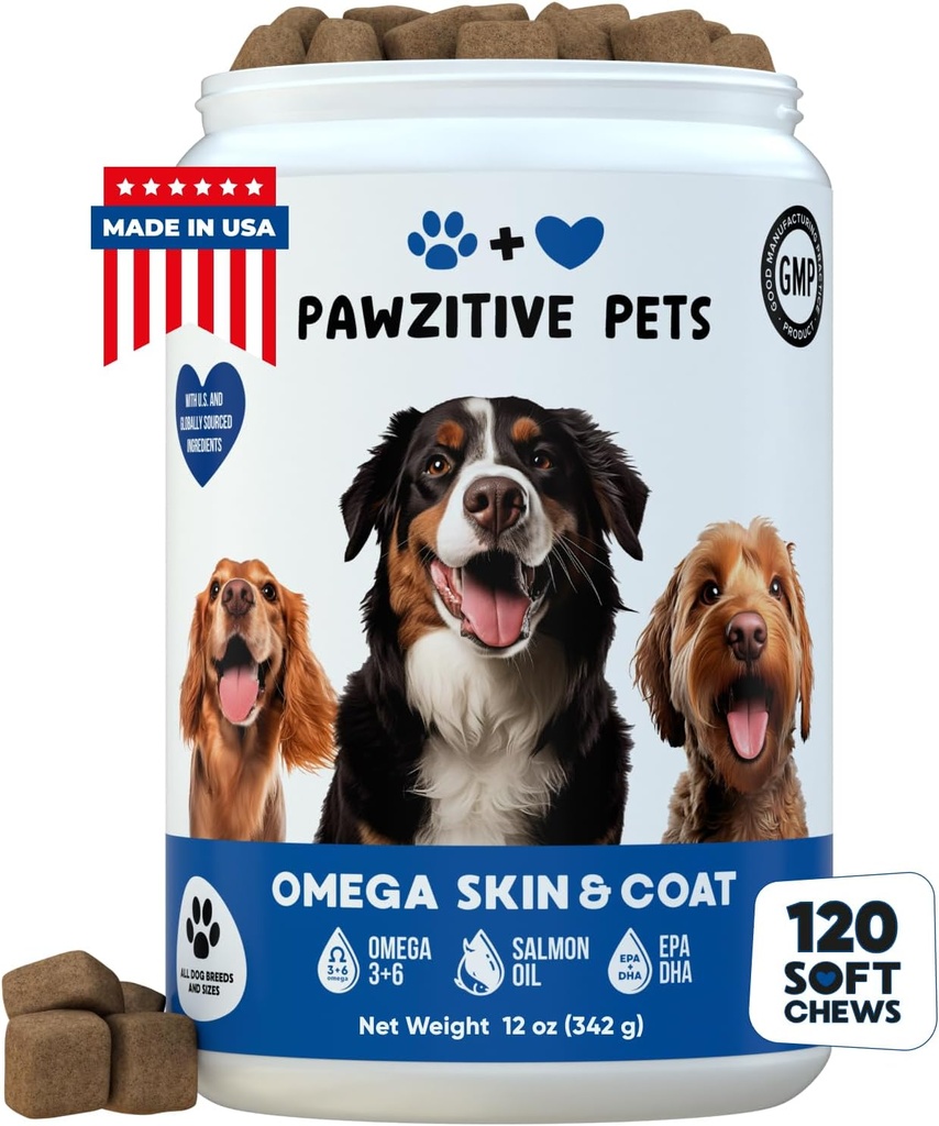 Köpekler için Chews, Omega 3 Fish Oil - Dog Coat & Skin Supplement - USA Product - Itch Relief, Hot Spot Tedavisi - Köpekler için Salmon Oil - 120 Yumuşak Tedaviler - Cilt Yardımı, Shedding, Hip & Ortak