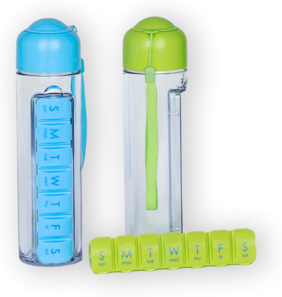 Μπουκάλι νερού και χάπι Organizer - 400ml Travel Water Bottle με 7 Day Weekly Pill Case - Medicine Planner Vitamin Holder with Free Cleaning Brush. Ιδανικό για σπορ και ταξίδια (μπλε)