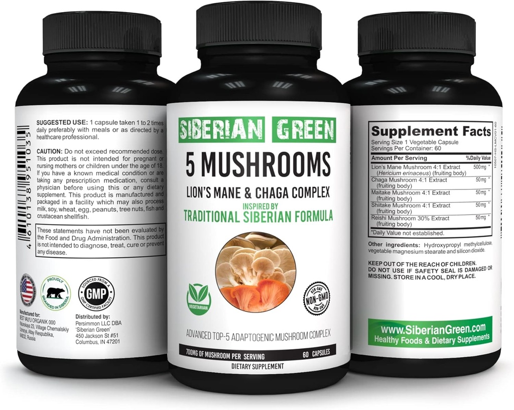 Sibirya Yeşil 5 Mushrooms Lions Mane Chaga Shiitake Maitake Reishi - 60 Capsules
