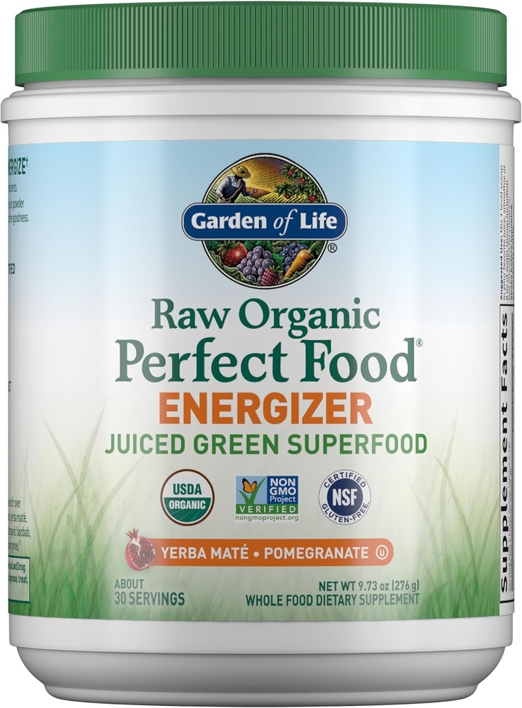 Life Raw Organic Perfect Food Energizer Juiced Green Superfood Toz - Yerba Mate Pomegranate, 30 Hizmet, Yeşil Superfood Toz & Probiyotiks, Gluten Free Whole Food Greens Supplements