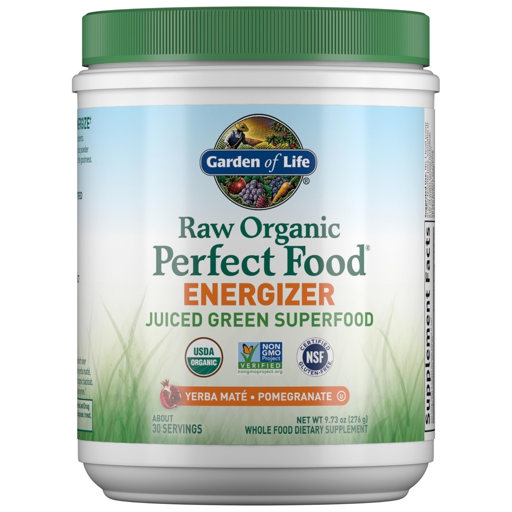 Life Raw Organic Perfect Food Energizer Juiced Green Superfood Toz - Yerba Mate Pomegranate, 30 Hizmet, Yeşil Superfood Toz & Probiyotiks, Gluten Free Whole Food Greens Supplements